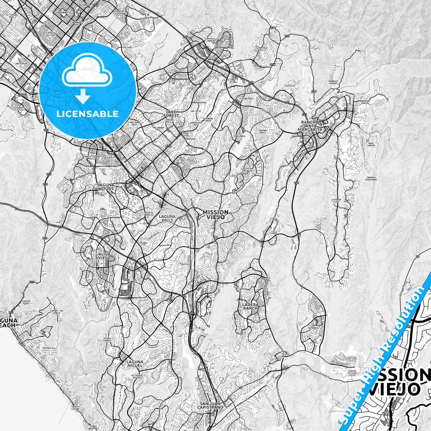 Mission Viejo, California light map with streetnames, citynames and districts