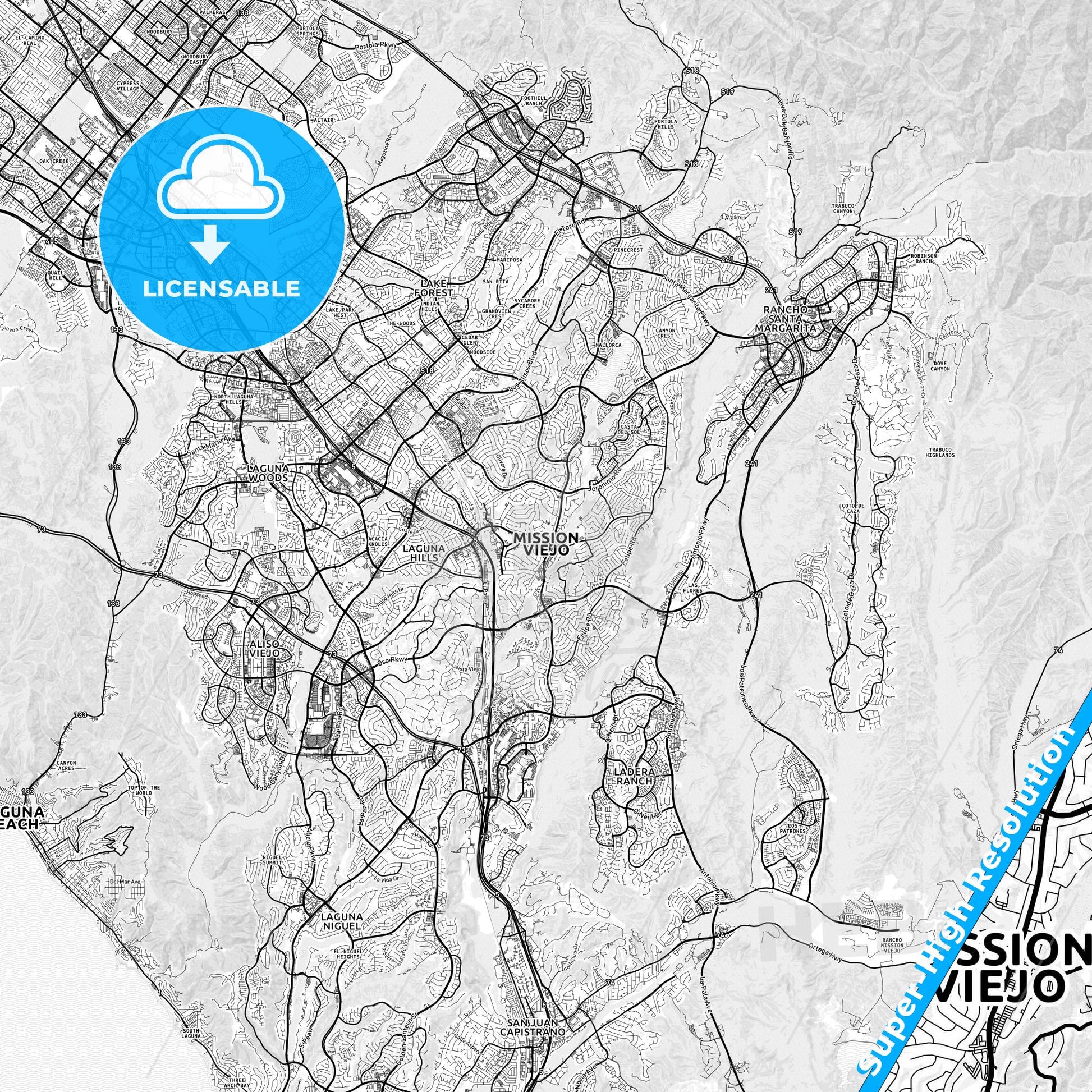 Mission Viejo, California light map with streetnames, citynames and districts
