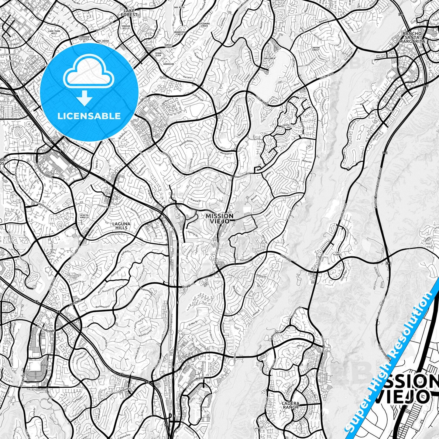 Mission Viejo, California Light Map with Street Names, City Names, and Districts