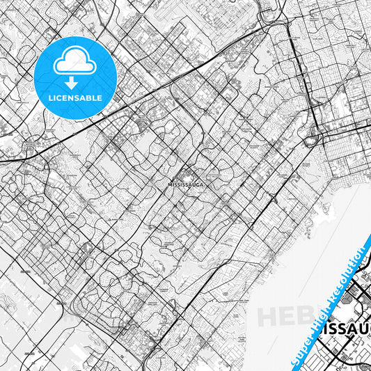 Mississauga, Canada light map with streetnames, citynames and districts