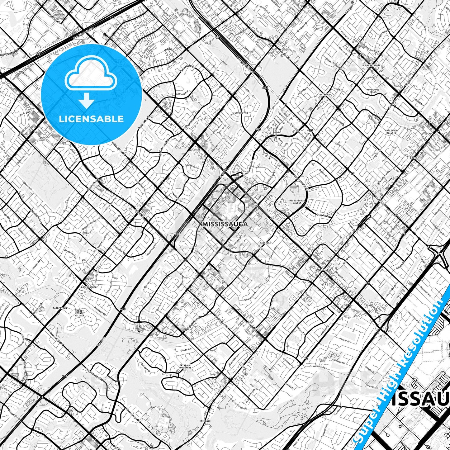 Mississauga, Canada Light Map with Street Names, City Names, and Districts