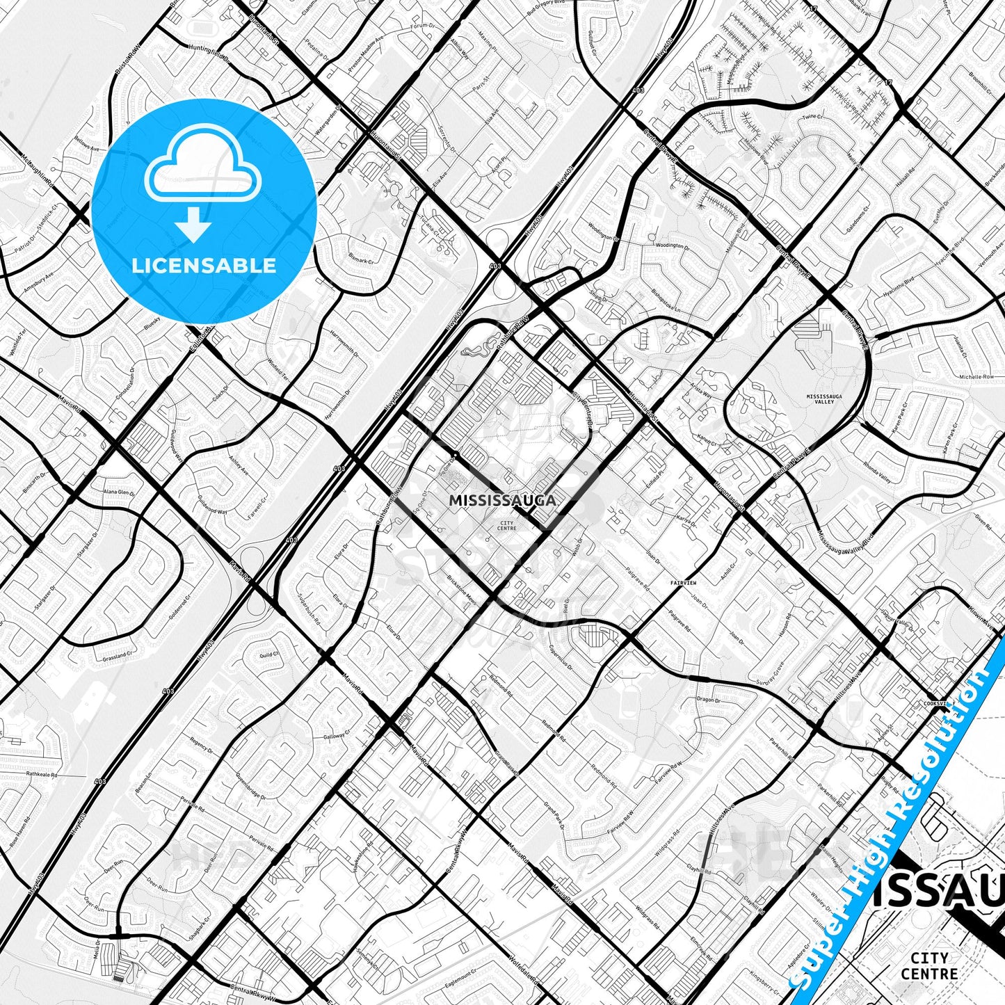 Mississauga, Canada Light Map with Street Names, City Names, and Districts