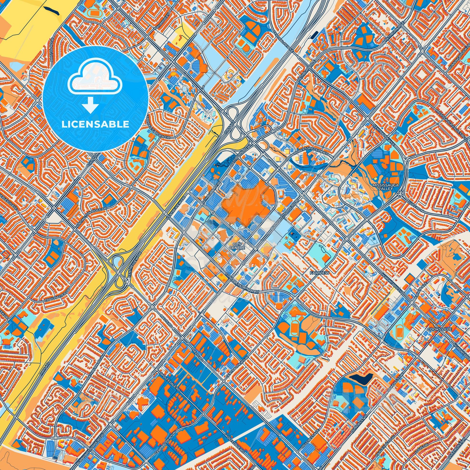 Colorful Mississauga Street Map with Labels and Buildings