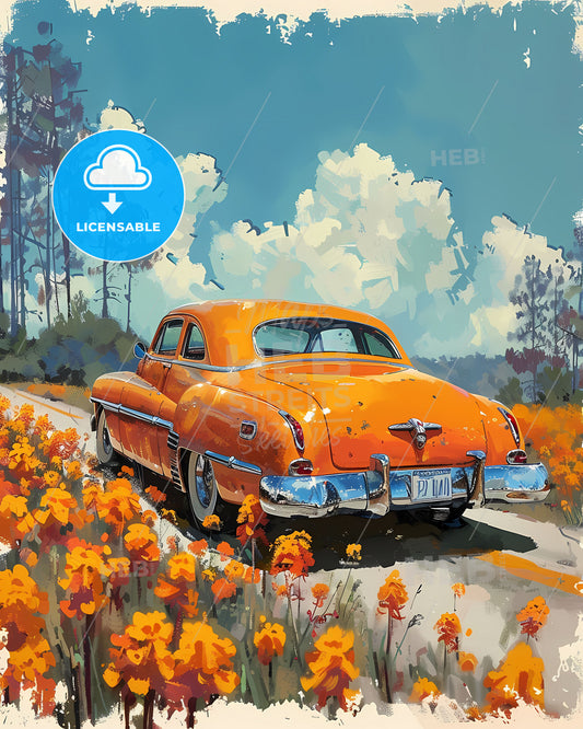 Mississippi Highway Floral Painting, Vibrant Orange Car Amidst Blossoms