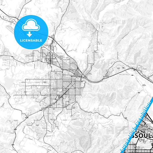 Missoula, Montana light map with streetnames, citynames and districts