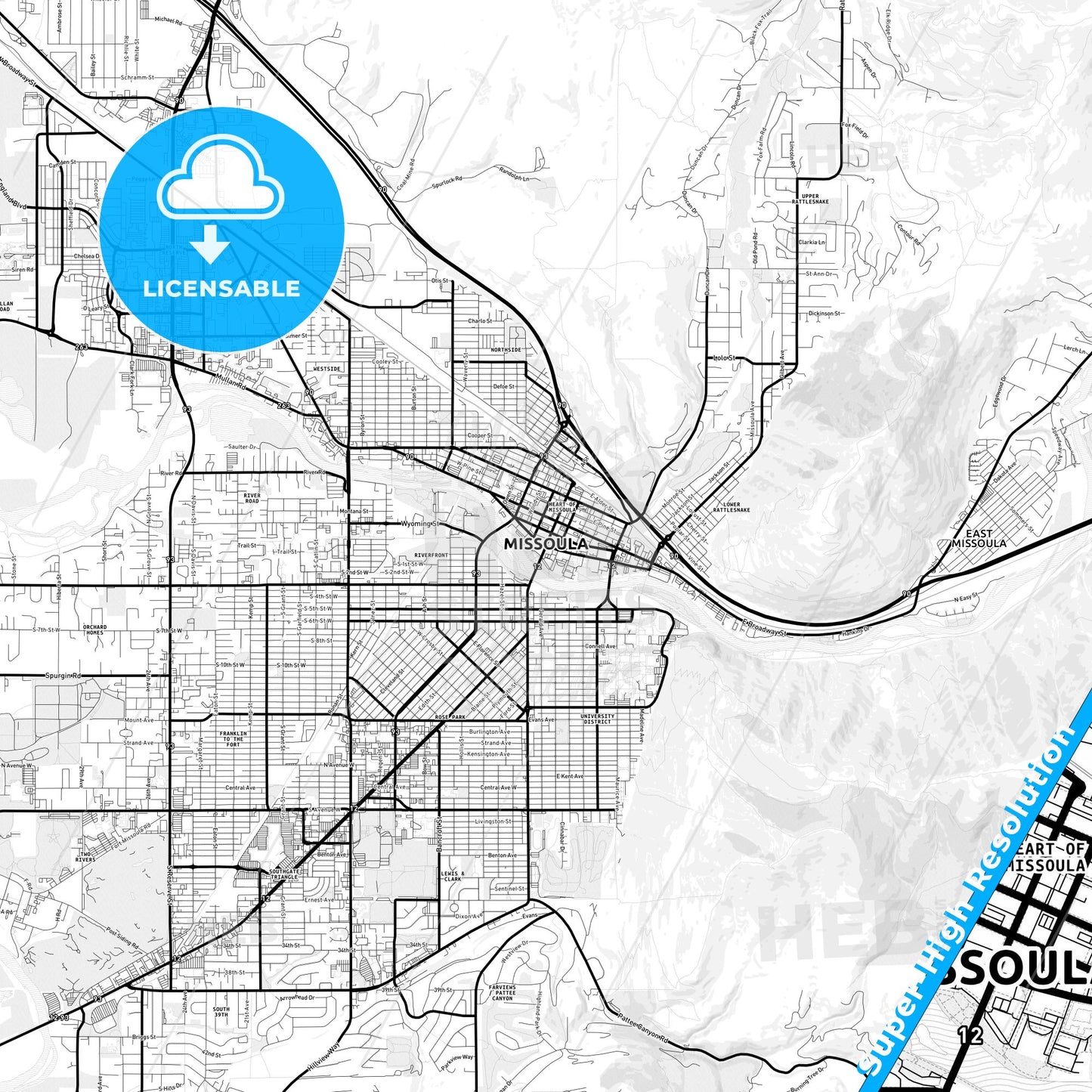 Missoula, Montana Light Map with Street Names, City Names, and Districts