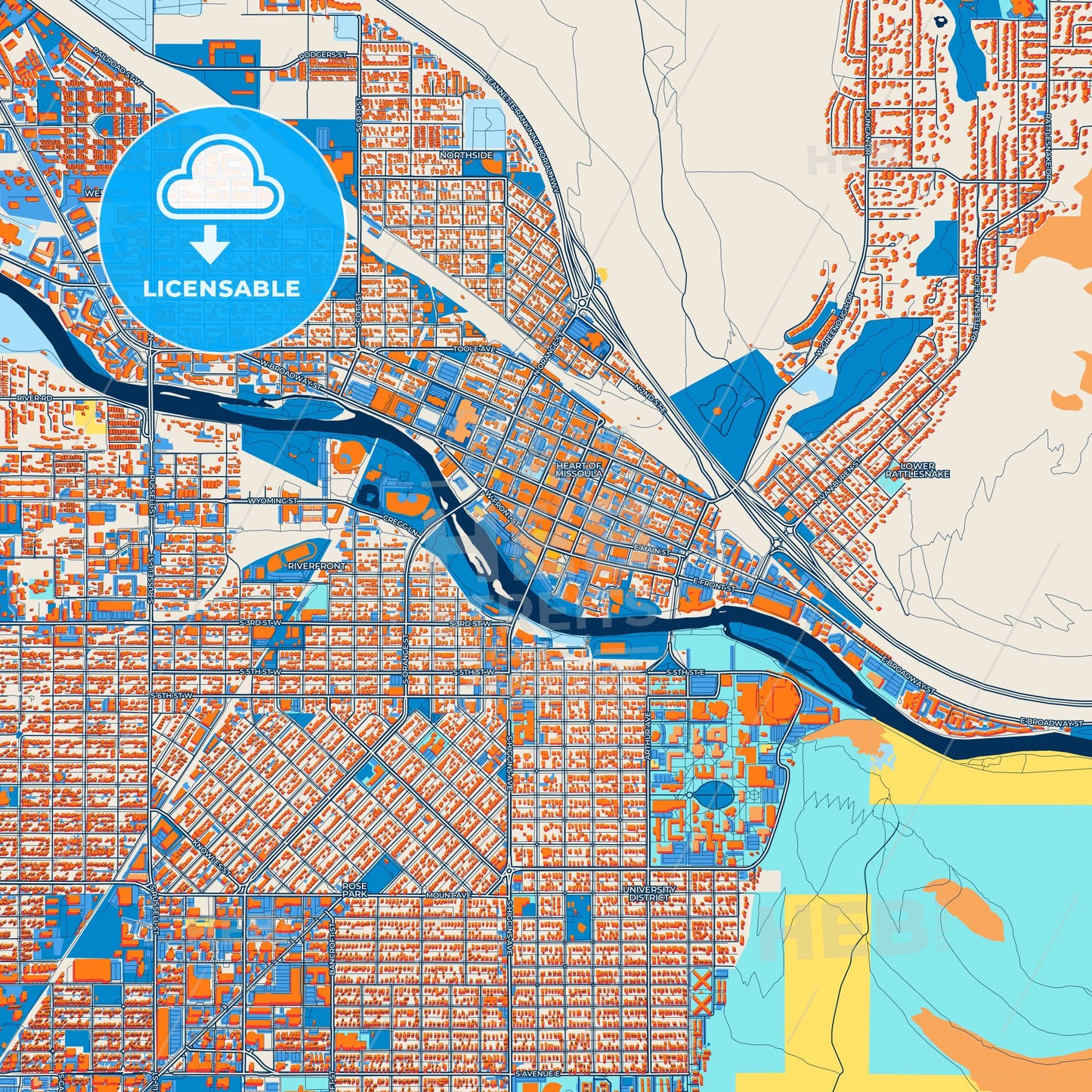Colorful Missoula Street Map with Labels and Buildings