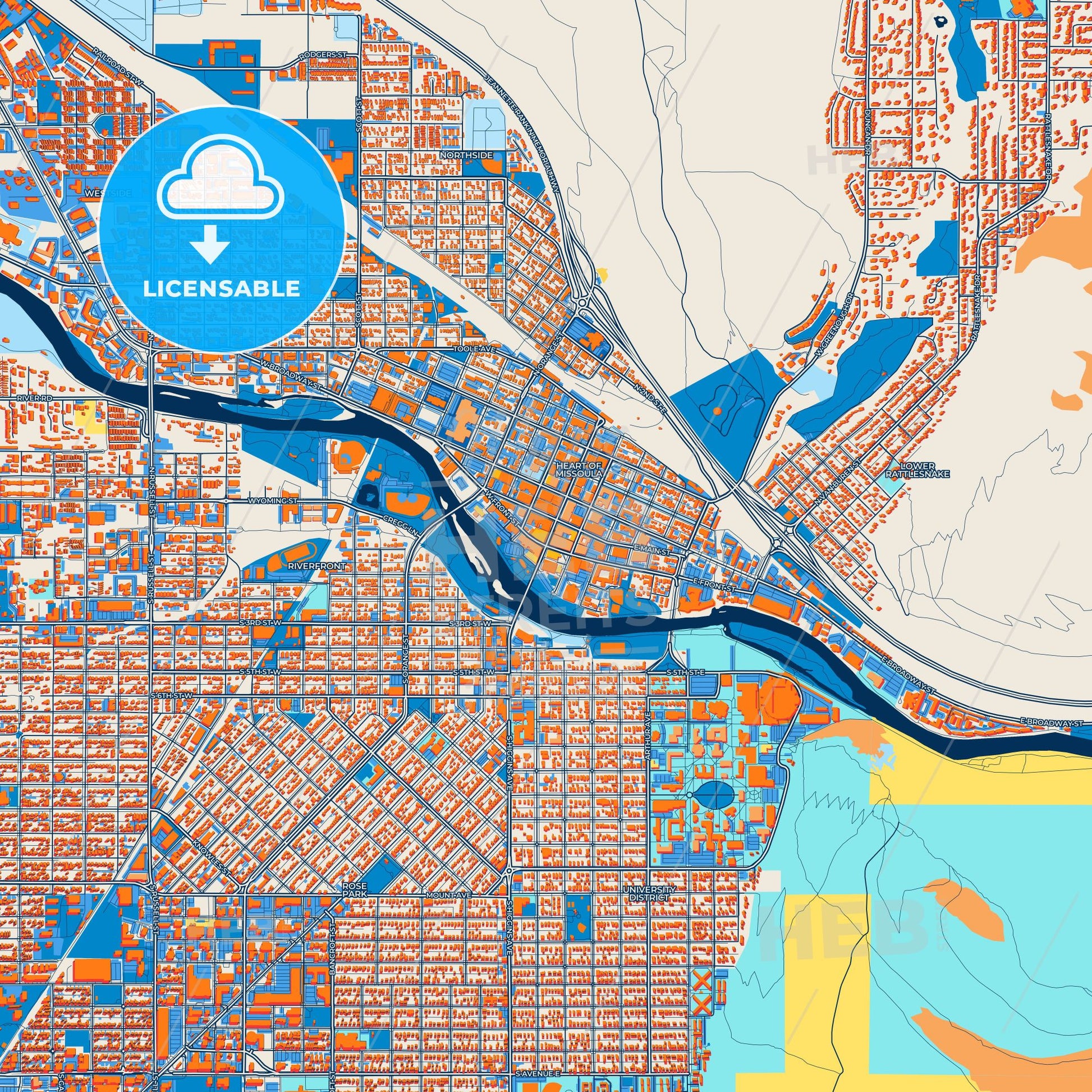Colorful Missoula Street Map with Labels and Buildings