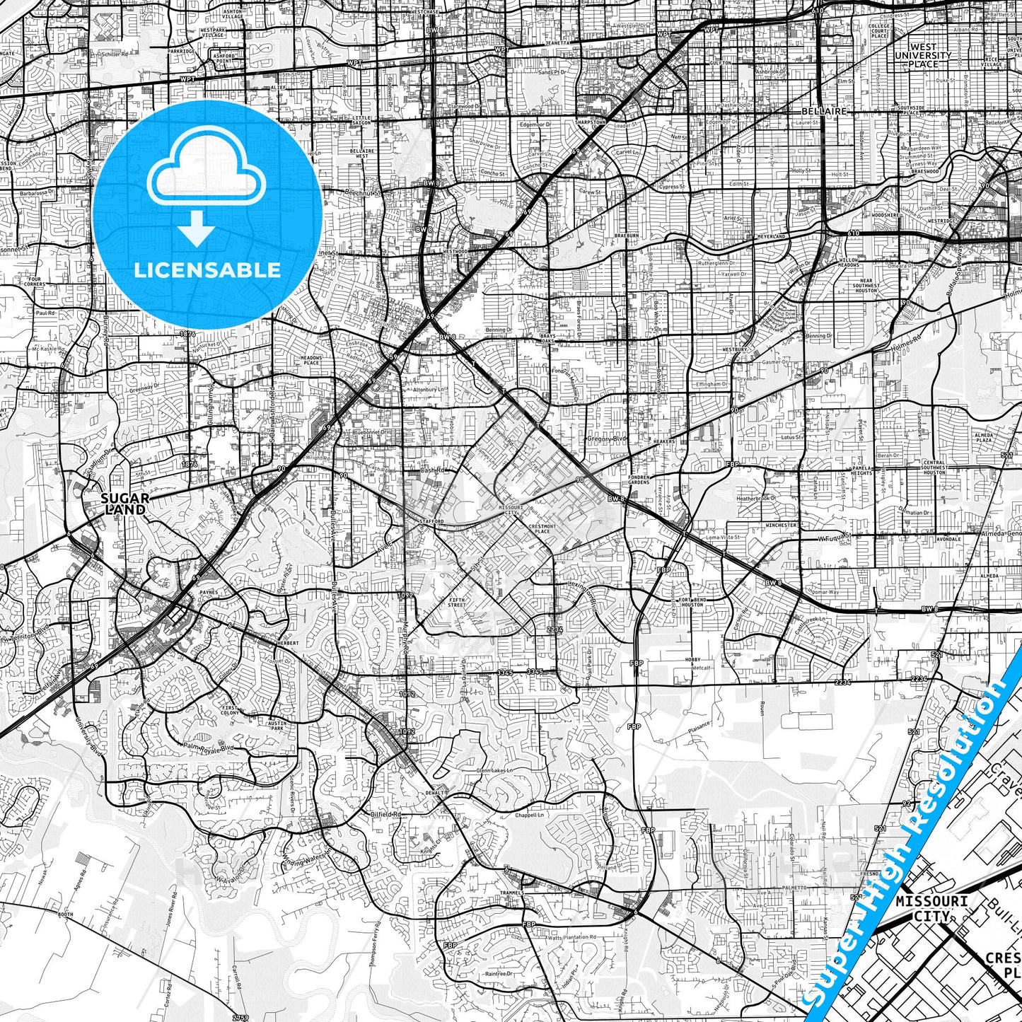 Missouri City, Texas light map with streetnames, citynames and districts