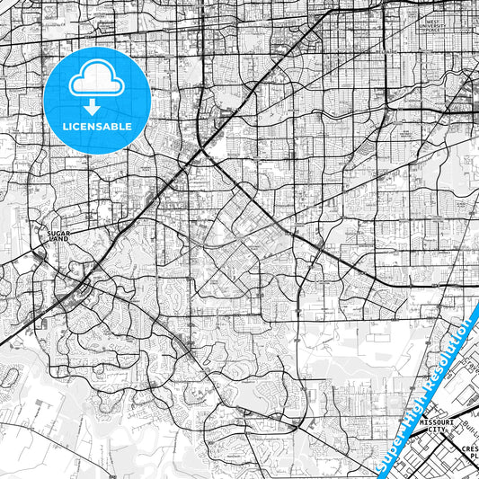 Missouri City, Texas light map with streetnames, citynames and districts