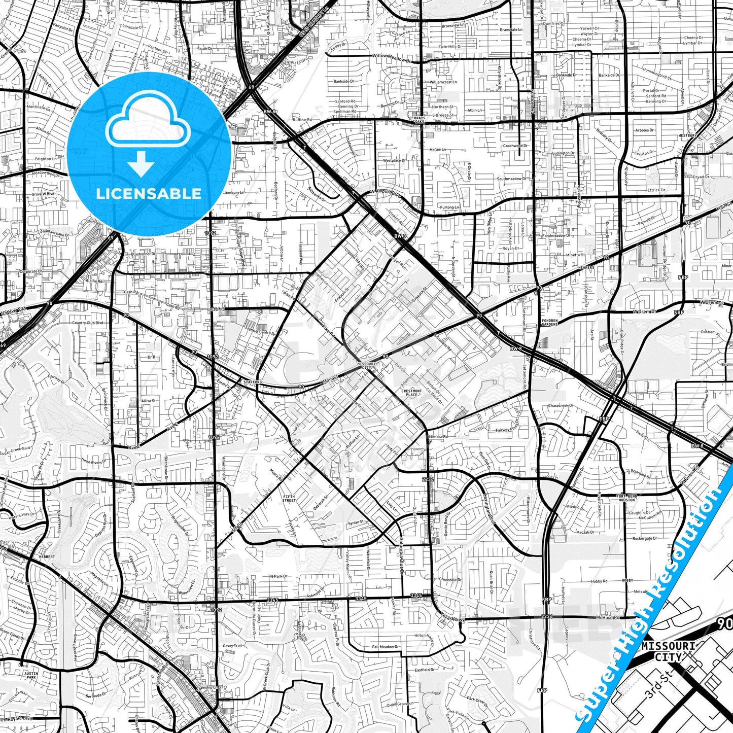 Missouri City, Texas Light Map with Street Names, City Names, and Districts