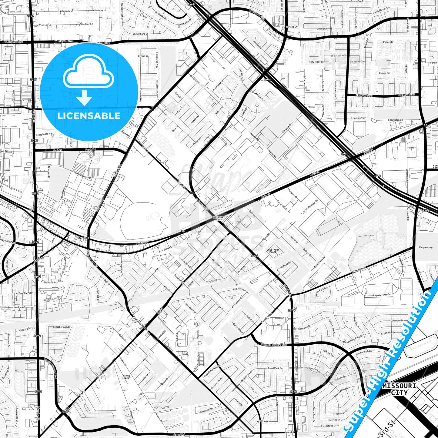 Missouri City, Texas Light Map with Street Names, City Names, and Districts