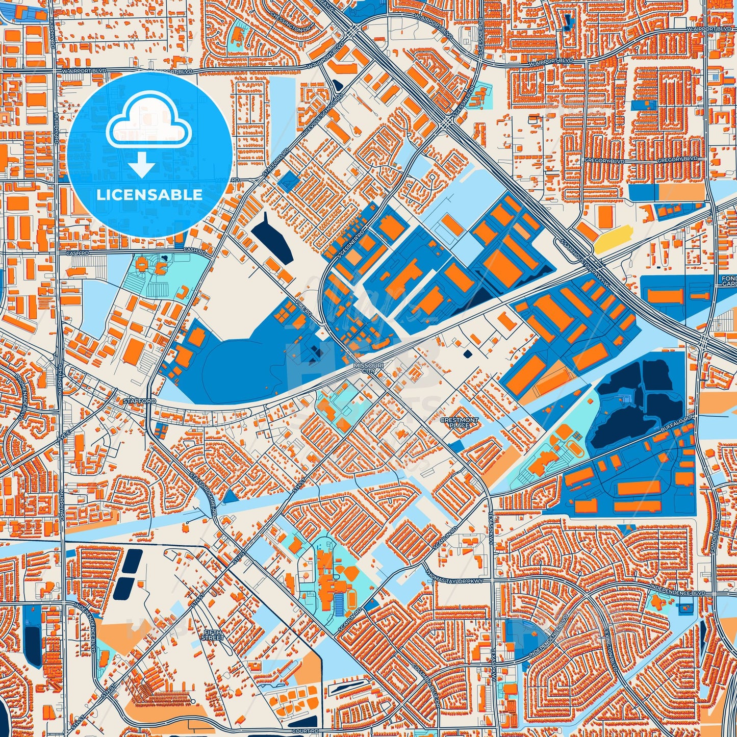 Colorful Missouri City Street Map with Labels and Buildings