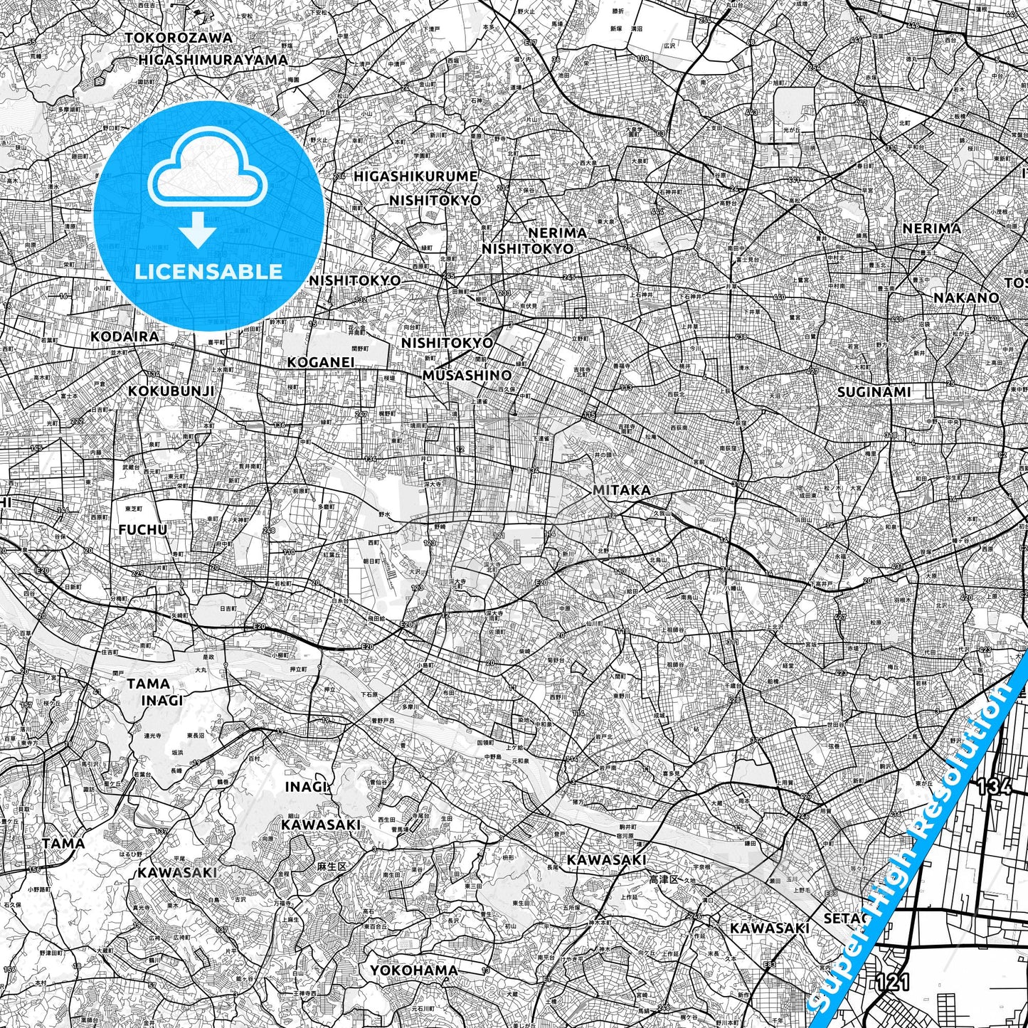 Mitaka, Japan light map with streetnames, citynames and districts