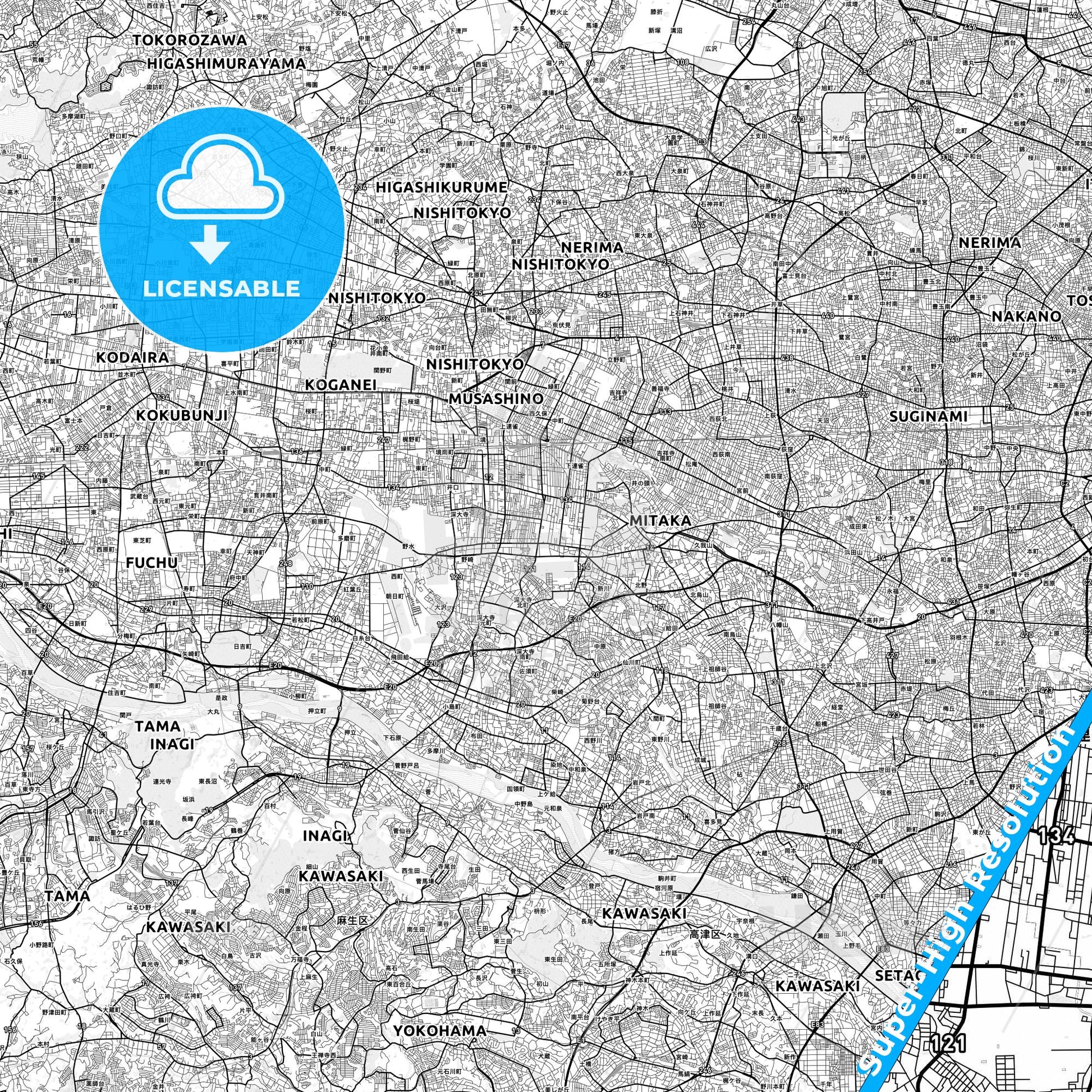 Mitaka, Japan light map with streetnames, citynames and districts