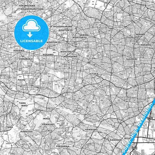 Mitaka, Japan light map with streetnames, citynames and districts