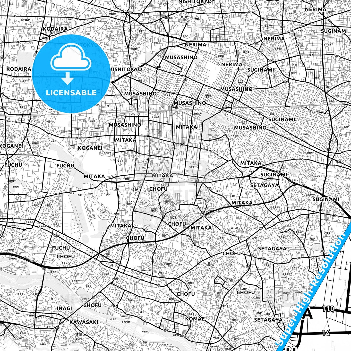 Mitaka, Japan Light Map with Street Names, City Names, and Districts