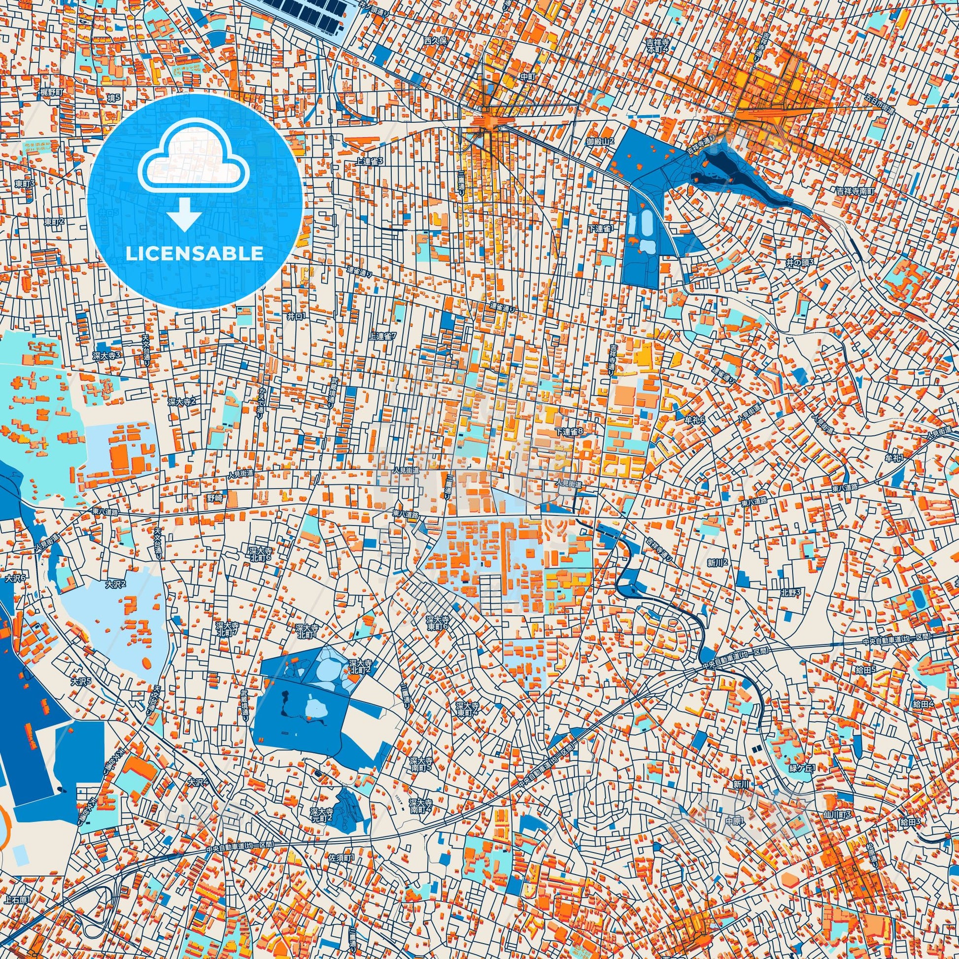 Colorful Mitaka Street Map with Labels and Buildings