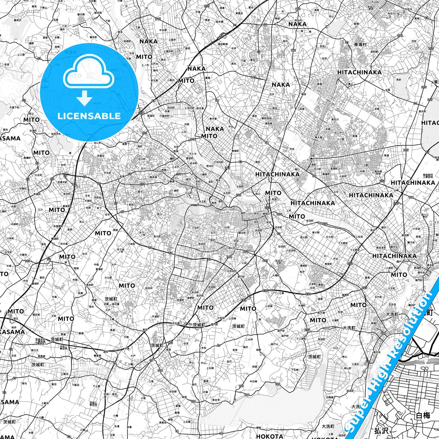Mito, Japan light map with streetnames, citynames and districts