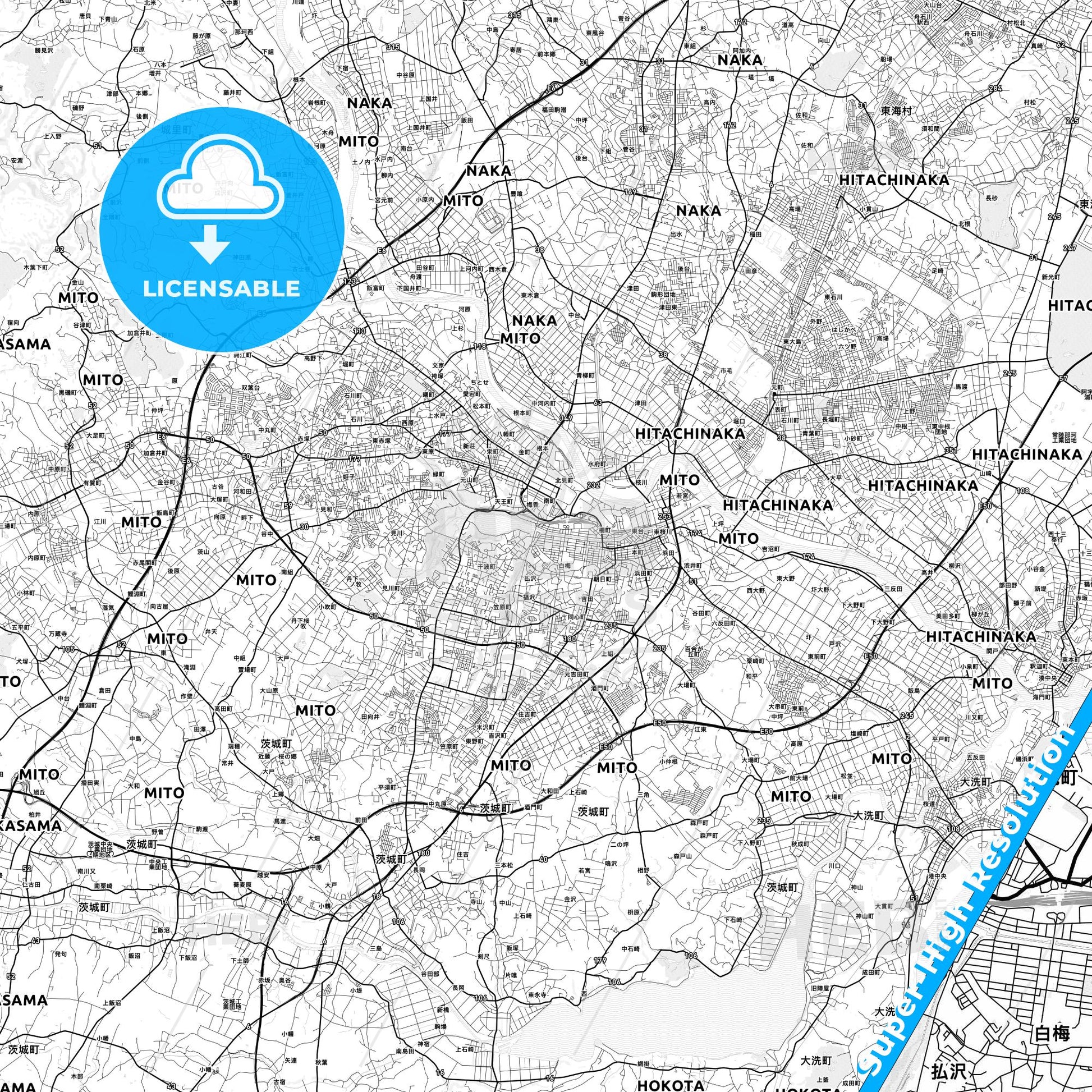 Mito, Japan light map with streetnames, citynames and districts