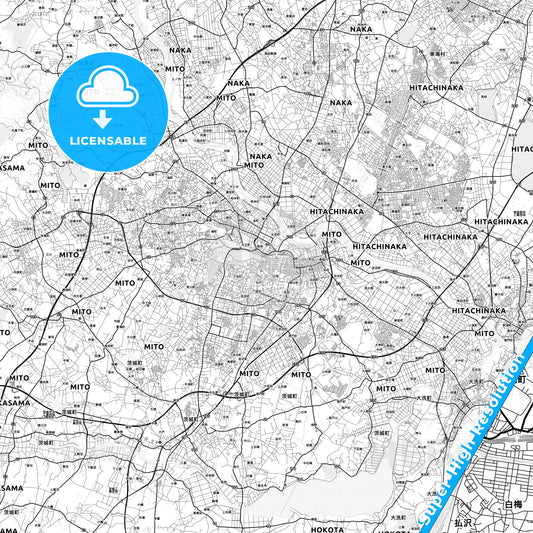 Mito, Japan light map with streetnames, citynames and districts