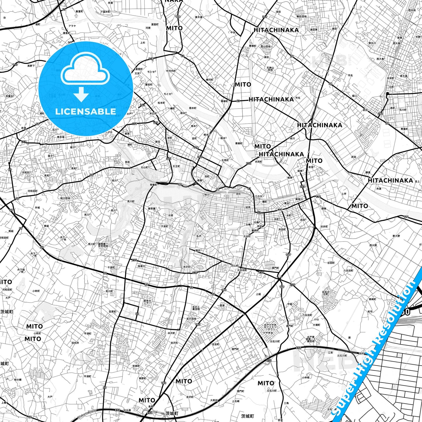 Mito, Japan Light Map with Street Names, City Names, and Districts
