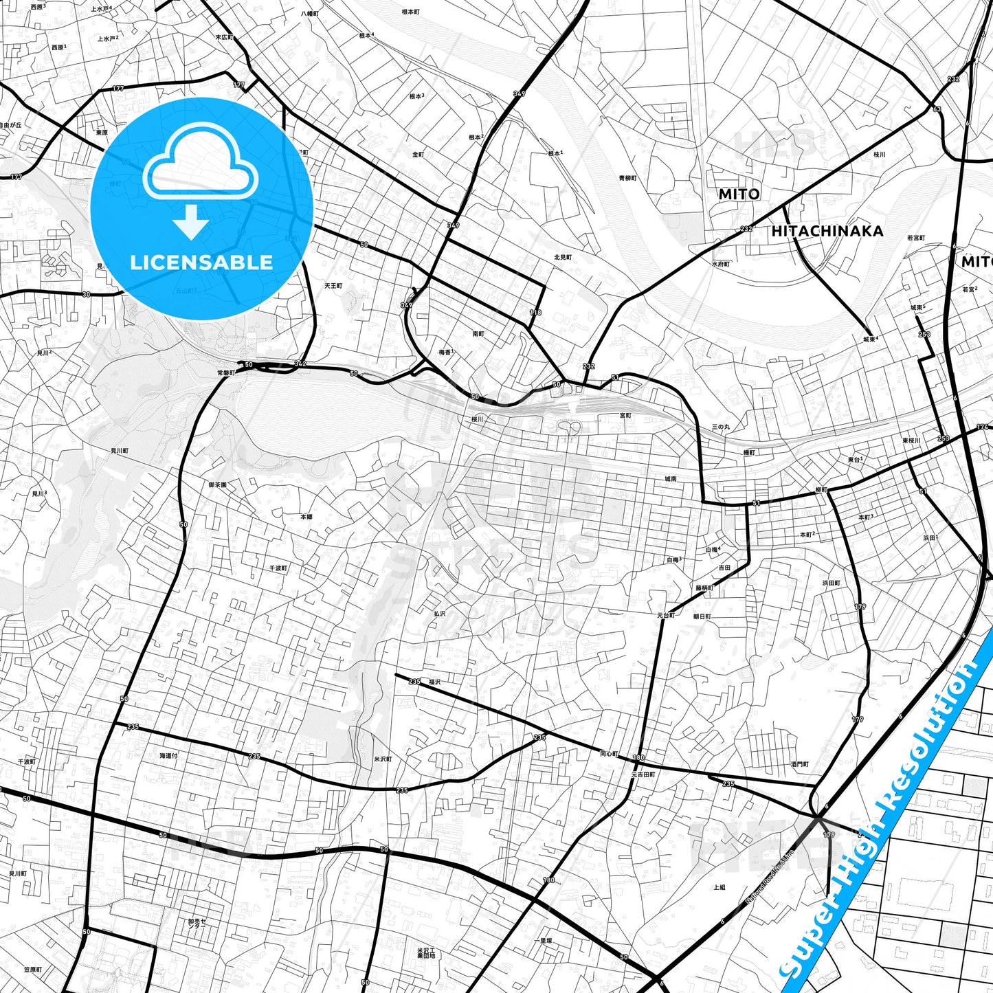 Mito, Japan Light Map with Street Names, City Names, and Districts