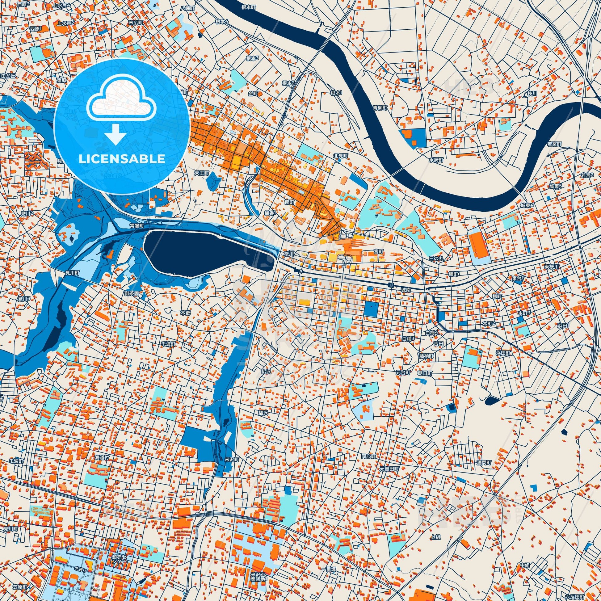 Colorful Mito Street Map with Labels and Buildings