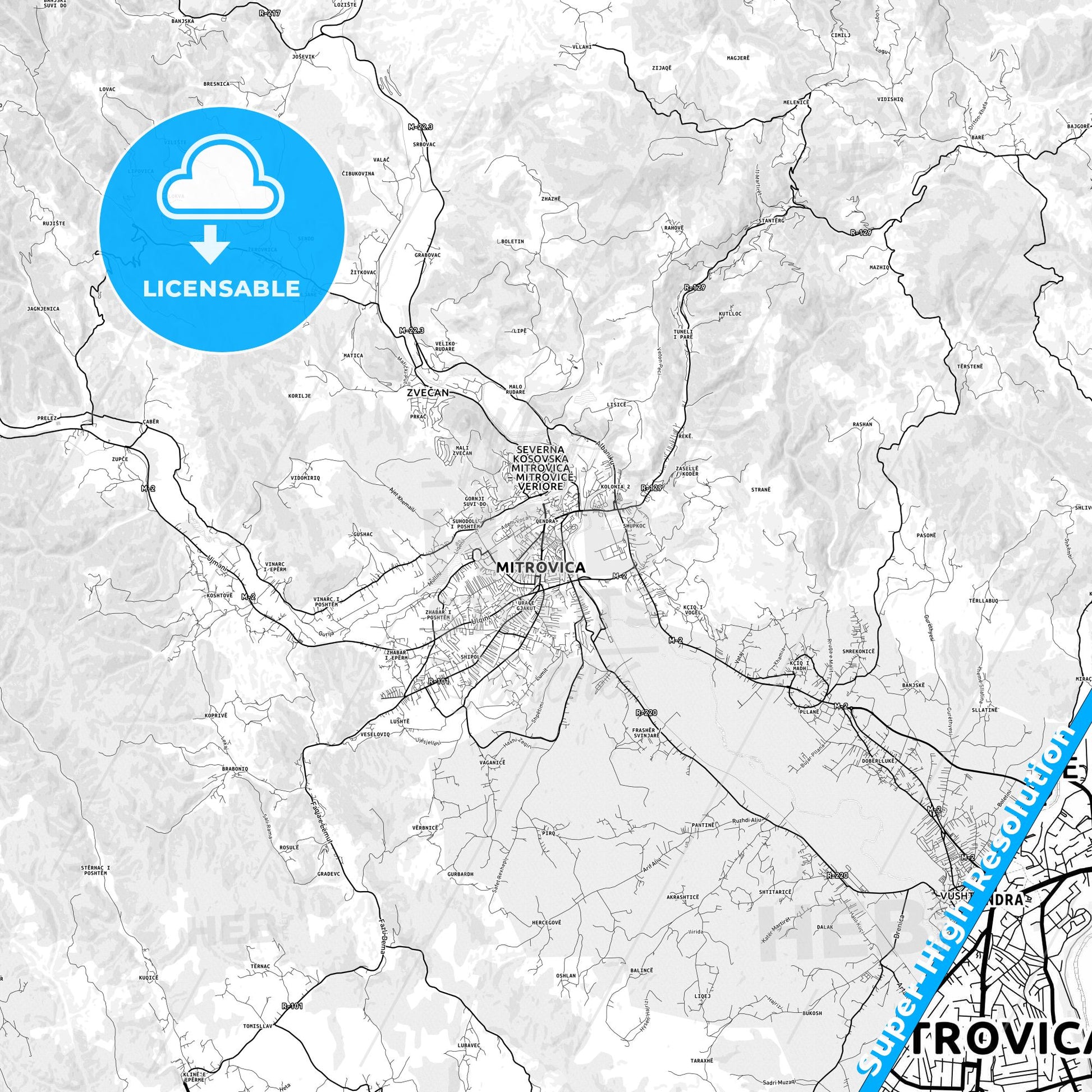 Mitrovicë / Kosovska Mitrovica, Kosovo light map with streetnames, citynames and districts