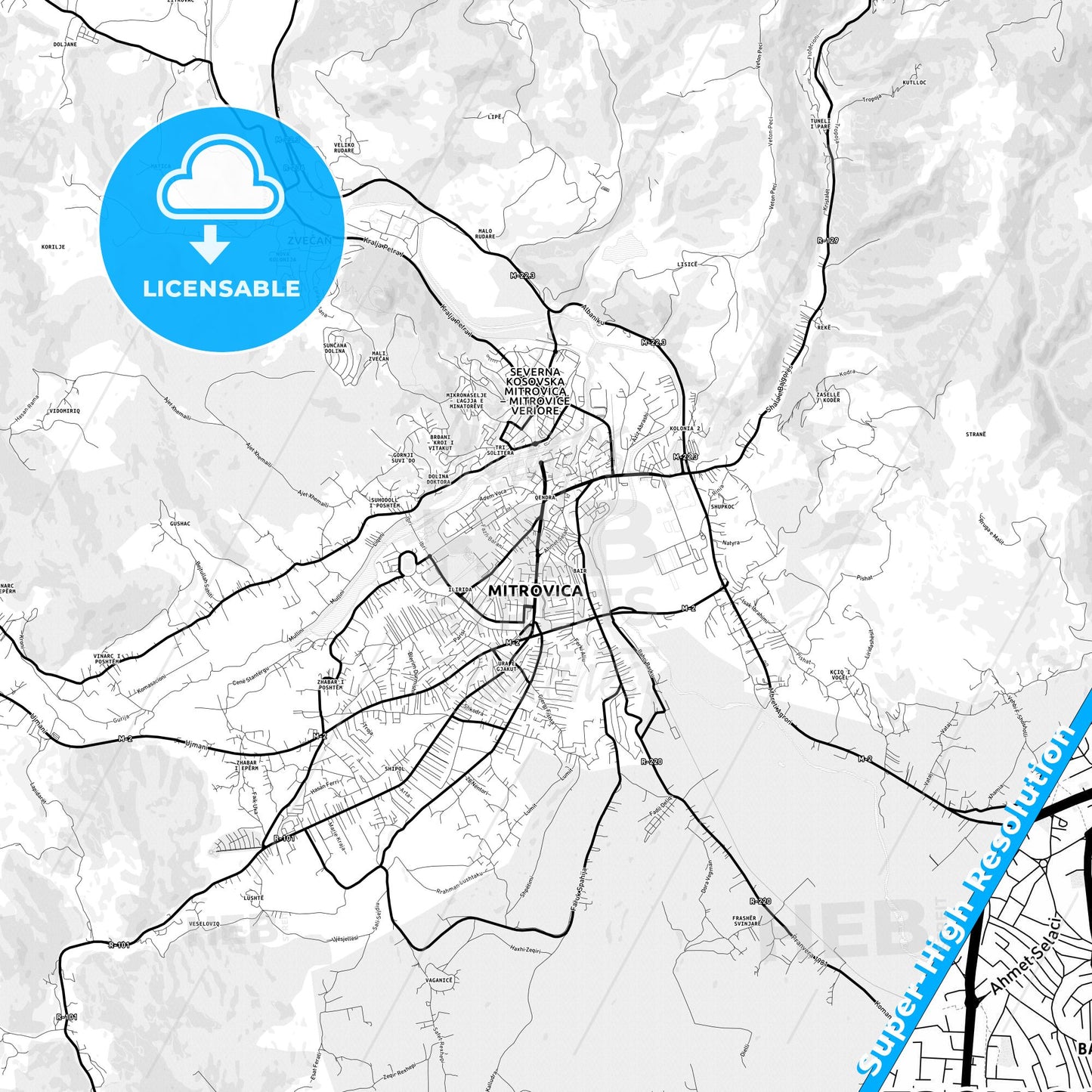 Mitrovicë / Kosovska Mitrovica, Kosovo Light Map with Street Names, City Names, and Districts