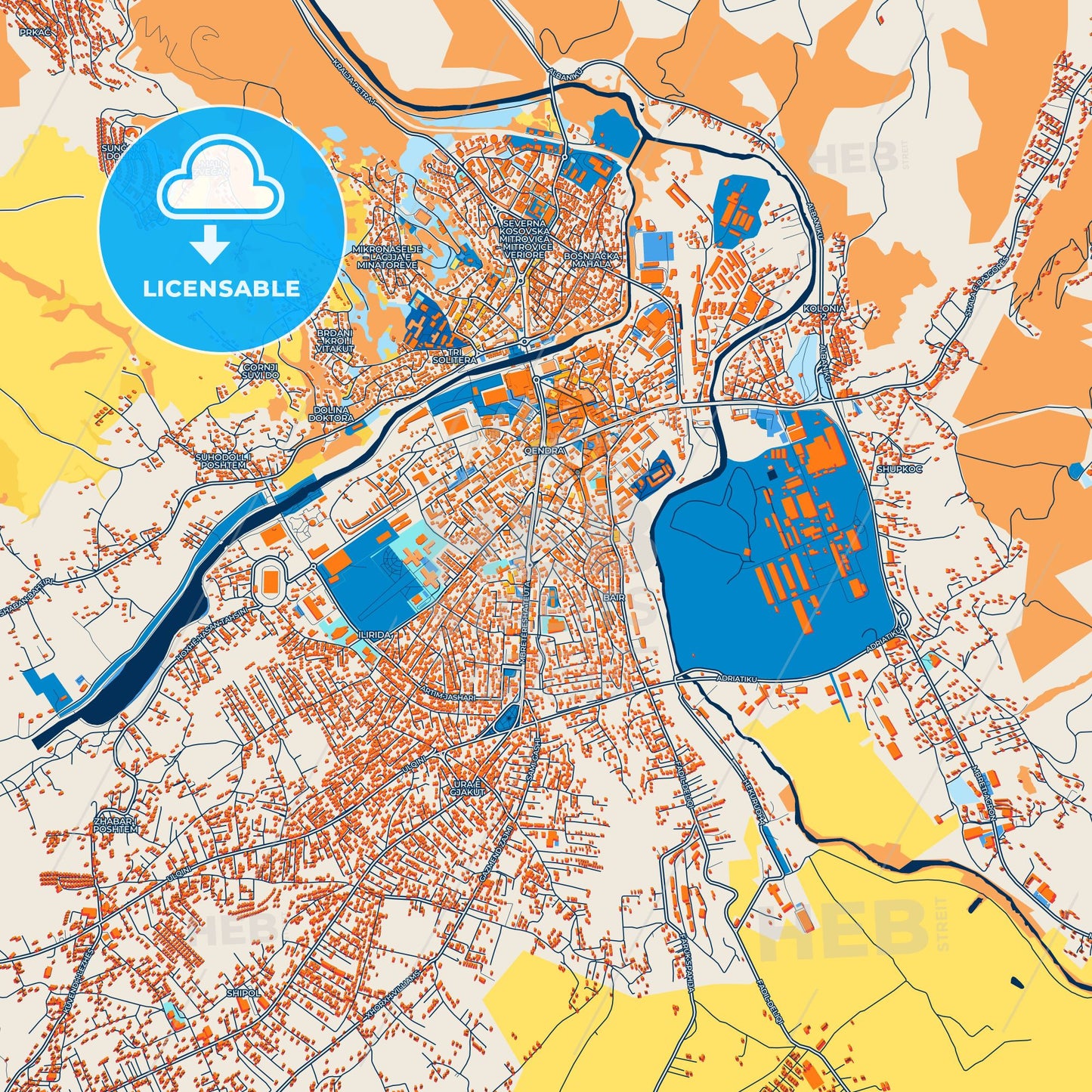 Colorful Mitrovicë / Kosovska Mitrovica Street Map with Labels and Buildings