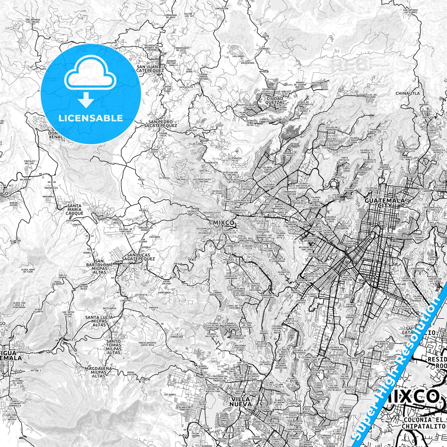 Mixco, Guatemala light map with streetnames, citynames and districts