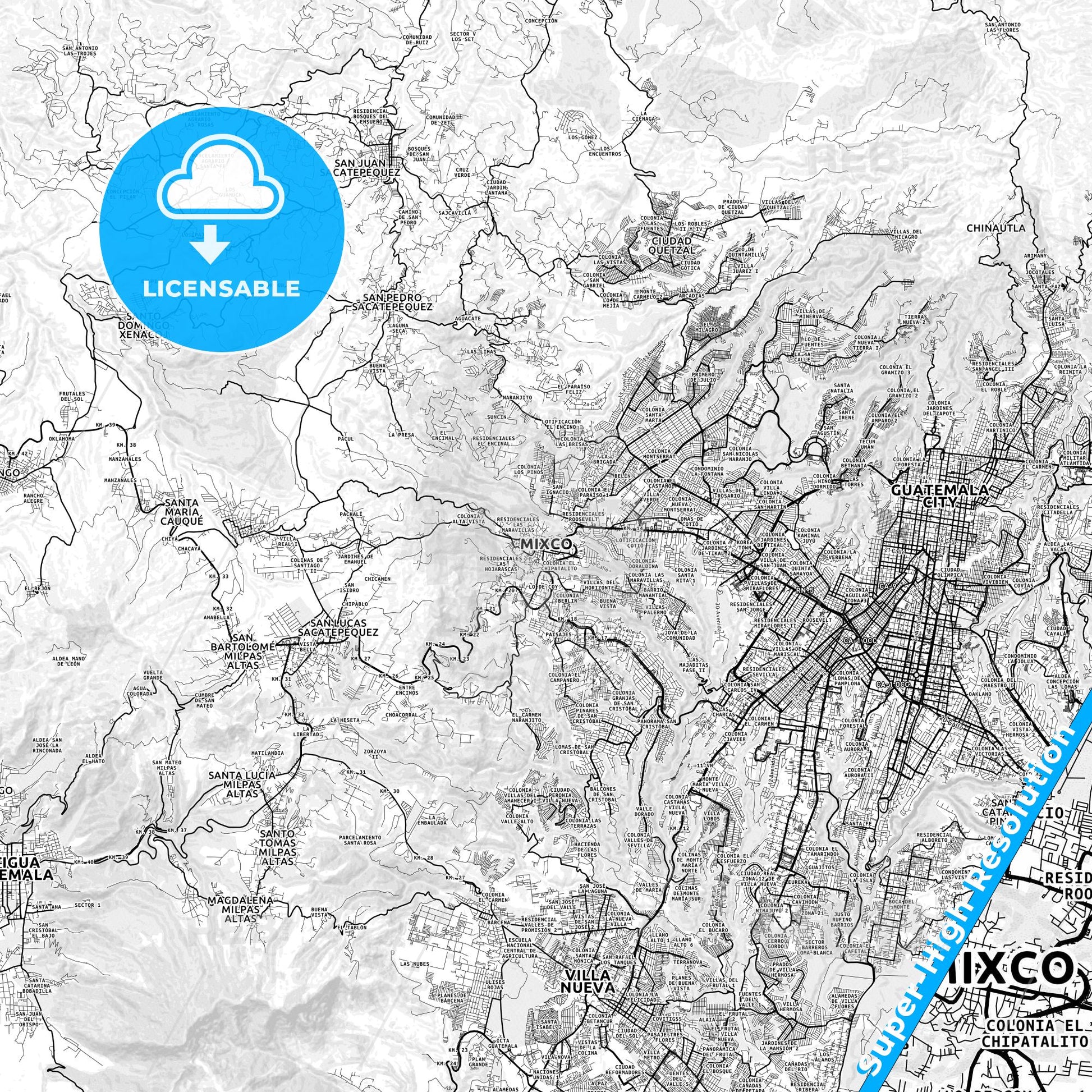 Mixco, Guatemala light map with streetnames, citynames and districts