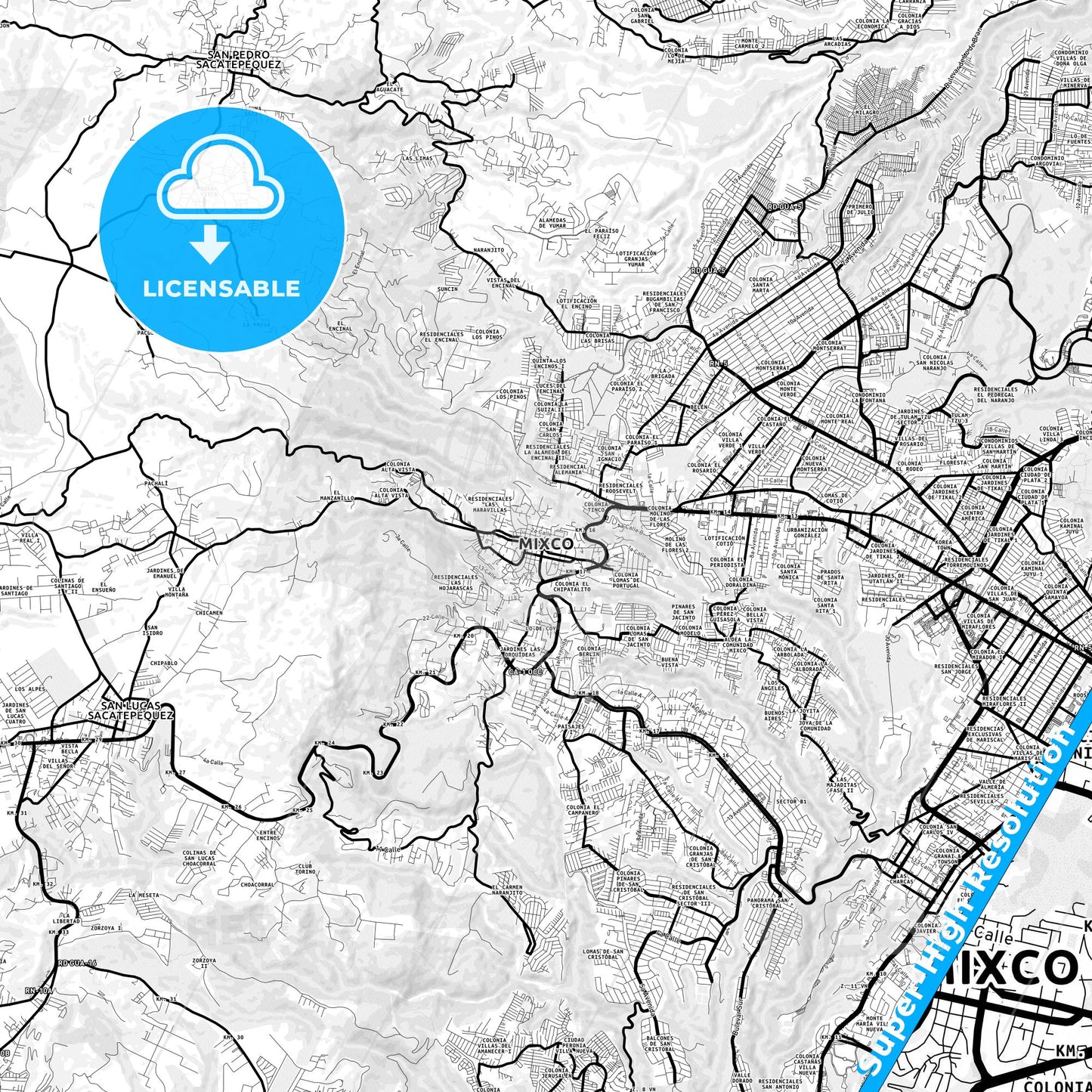 Mixco, Guatemala Light Map with Street Names, City Names, and Districts