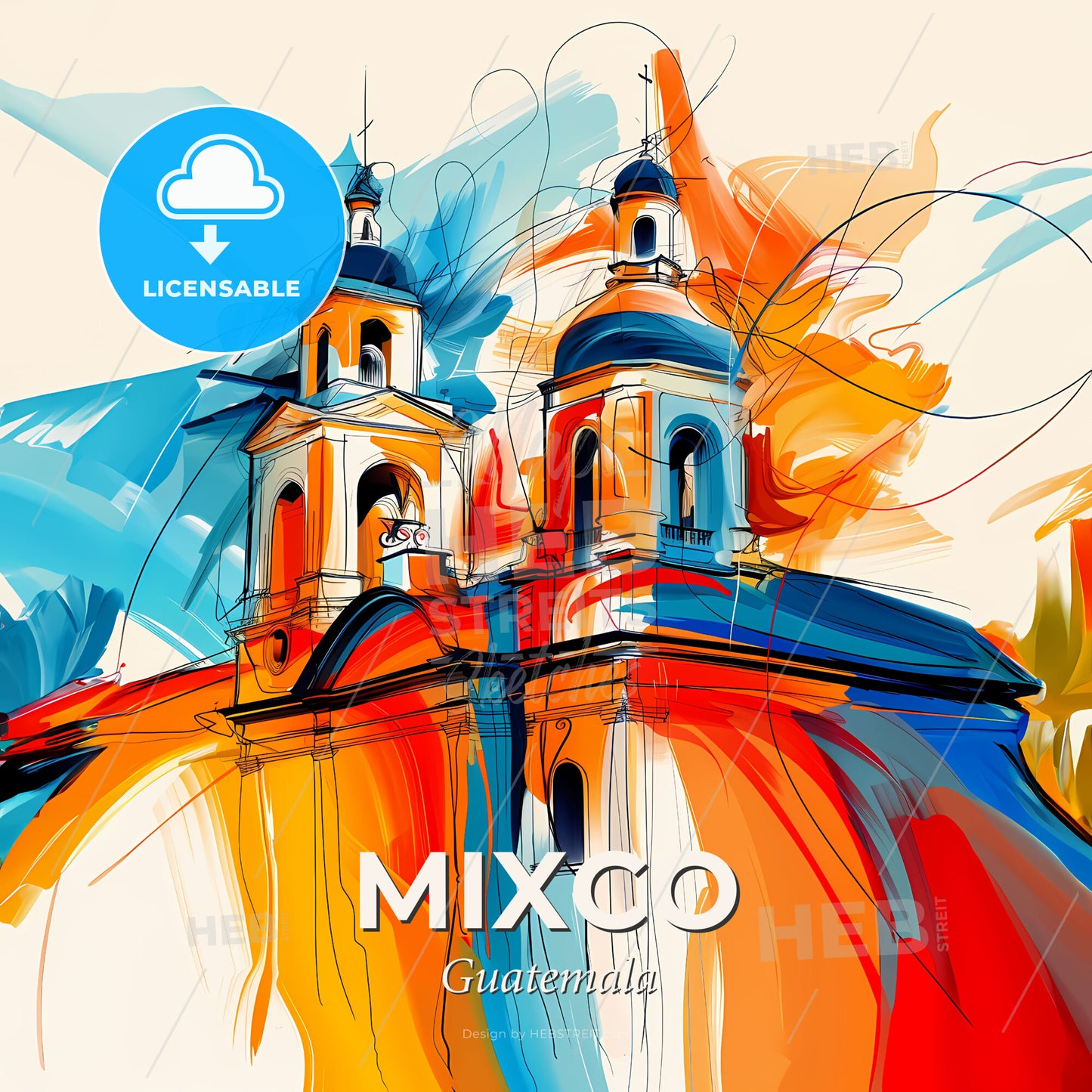 Vibrant Mixco, Guatemala - A Painting Of A Building With A Colorful Background - Square format print template