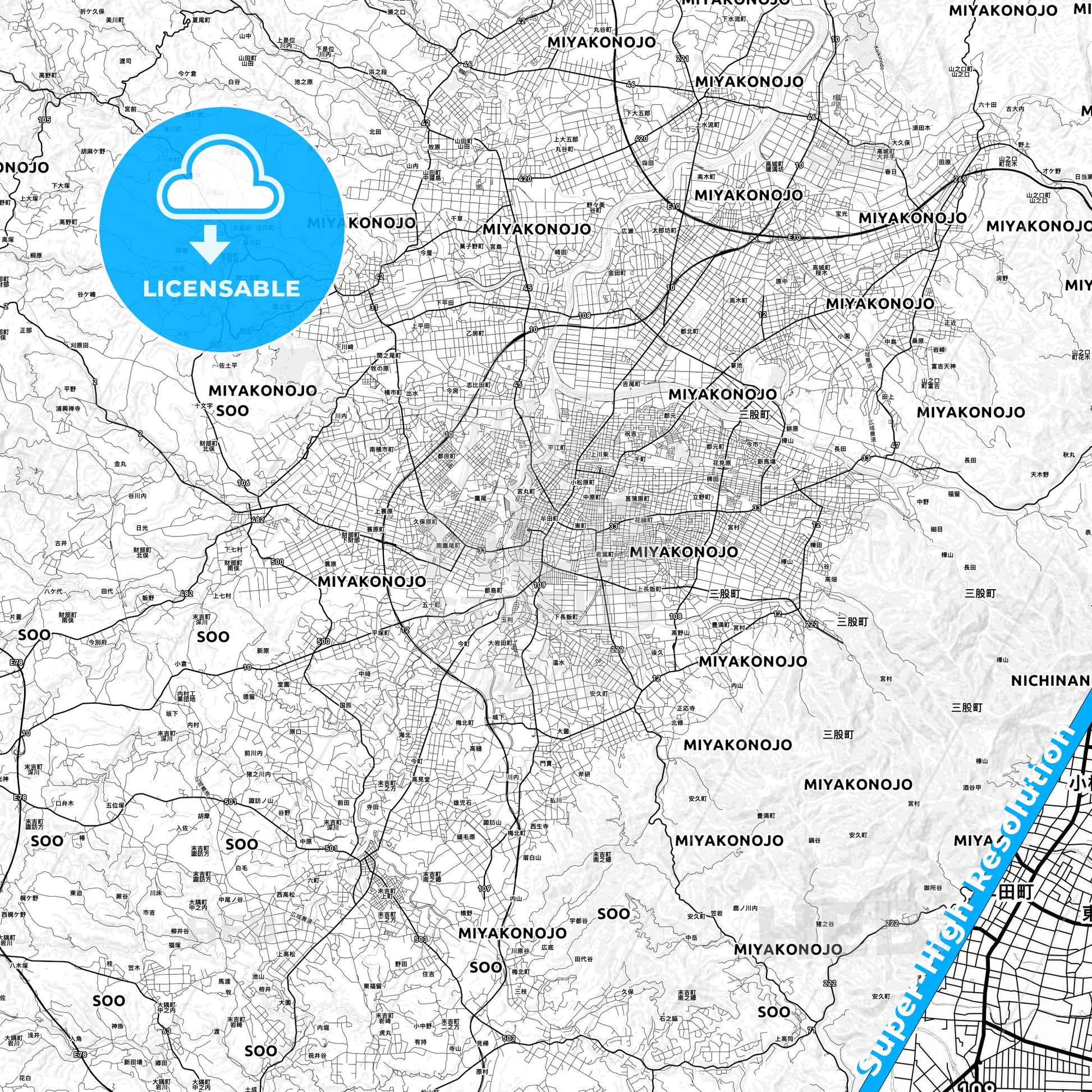 Miyakonojō, Japan light map with streetnames, citynames and districts