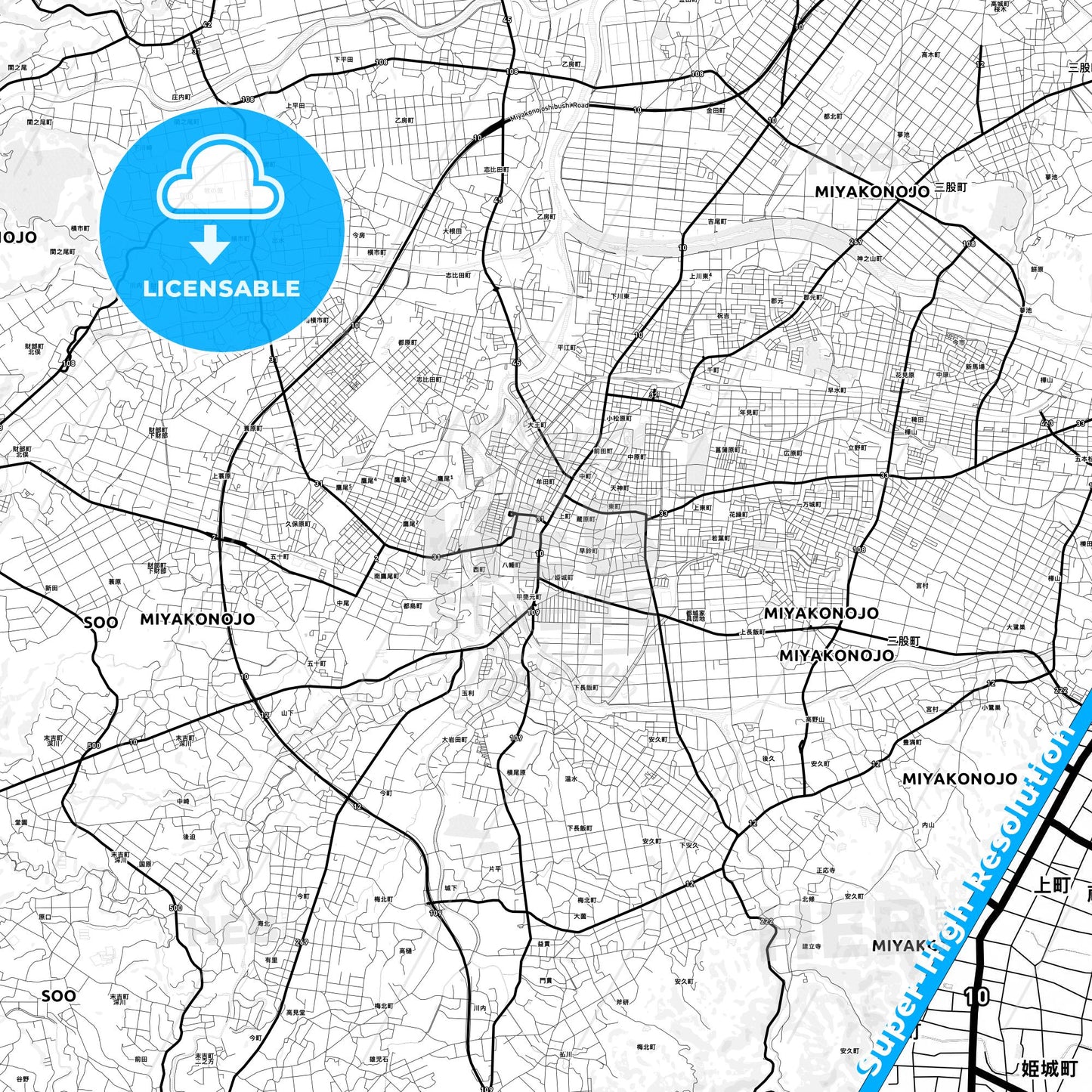 Miyakonojō, Japan Light Map with Street Names, City Names, and Districts