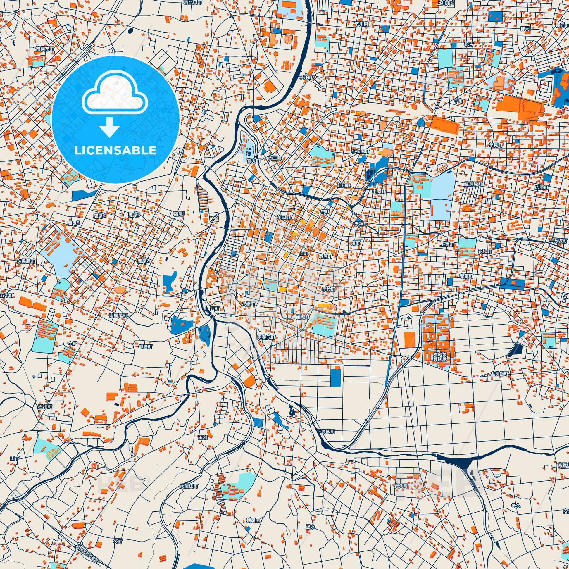 Colorful Miyakonojō Street Map with Labels and Buildings