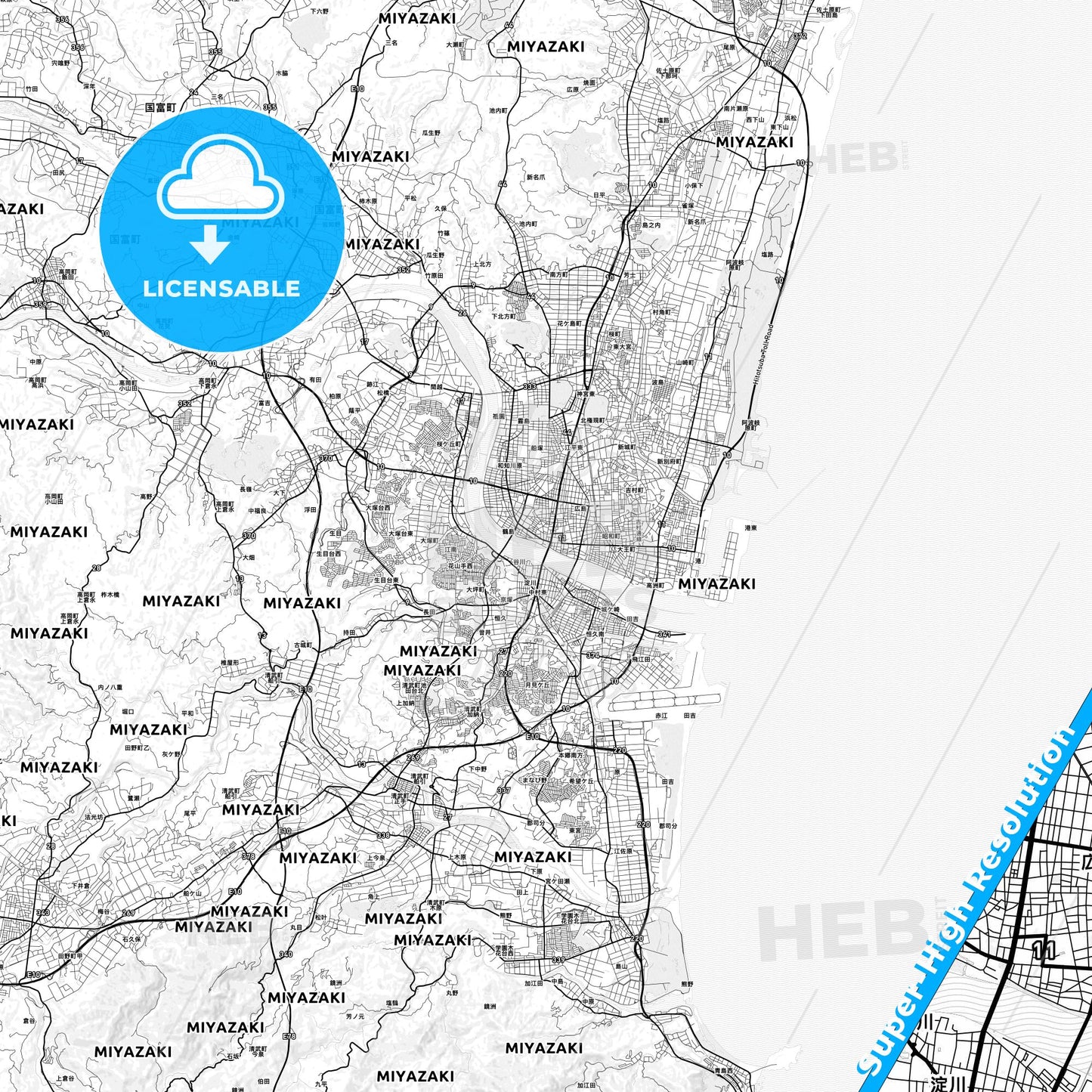Miyazaki, Japan light map with streetnames, citynames and districts