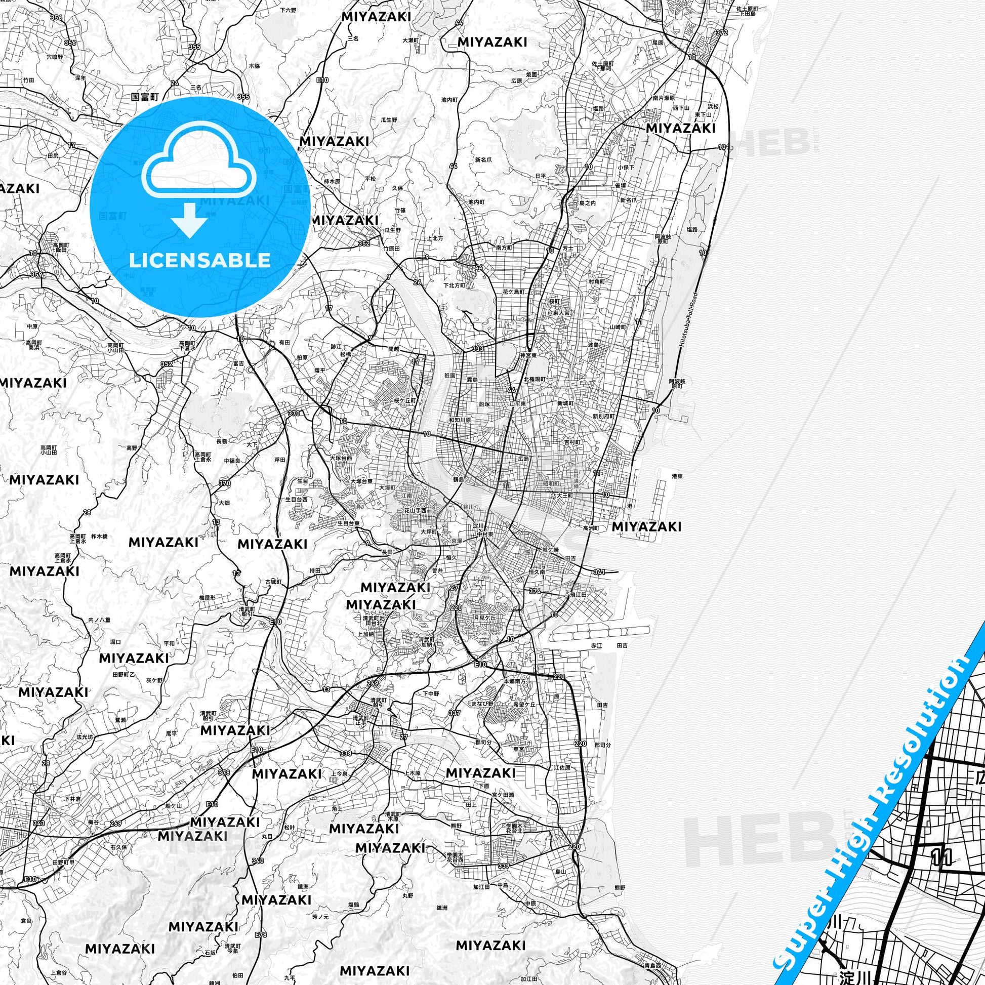 Miyazaki, Japan light map with streetnames, citynames and districts