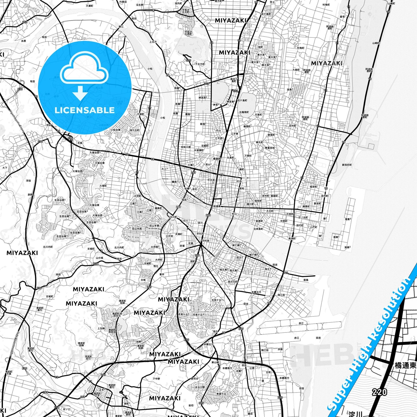 Miyazaki, Japan Light Map with Street Names, City Names, and Districts