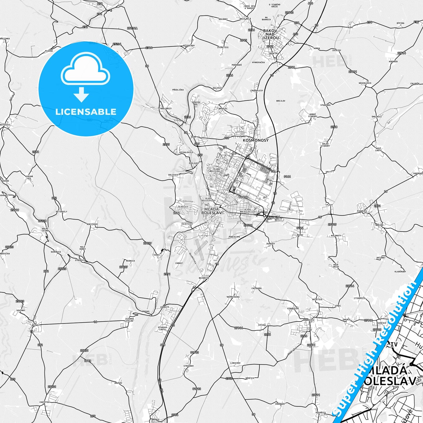 Mladá Boleslav, Czechia light map with streetnames, citynames and districts