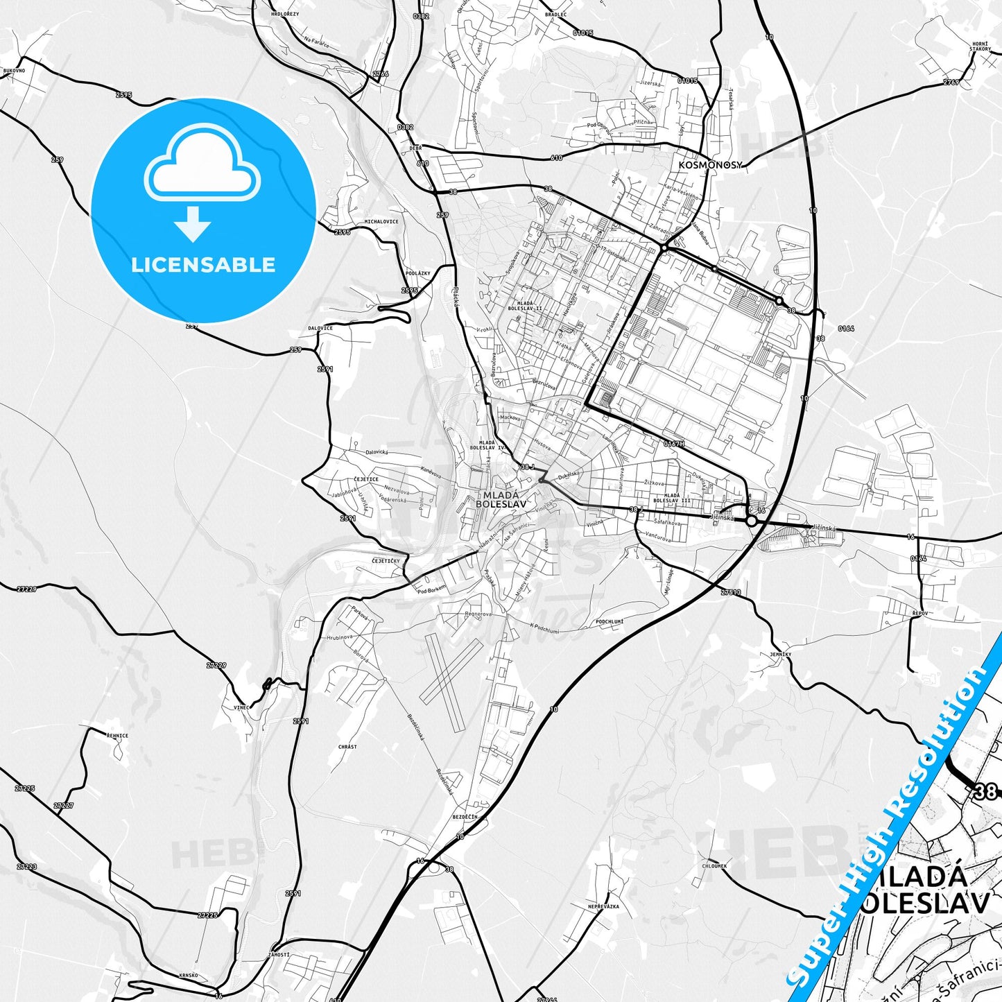 Mladá Boleslav, Czechia Light Map with Street Names, City Names, and Districts