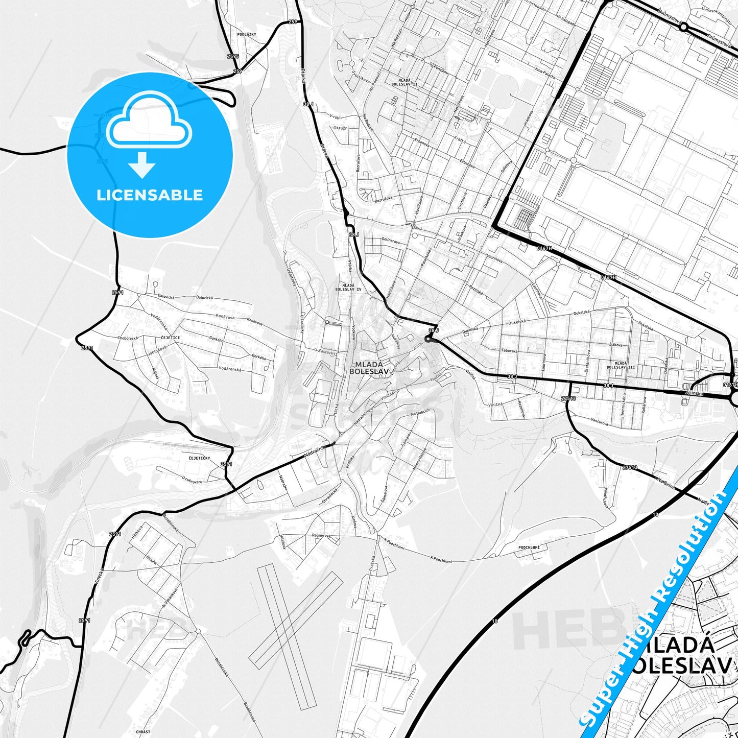 Mladá Boleslav, Czechia Light Map with Street Names, City Names, and Districts