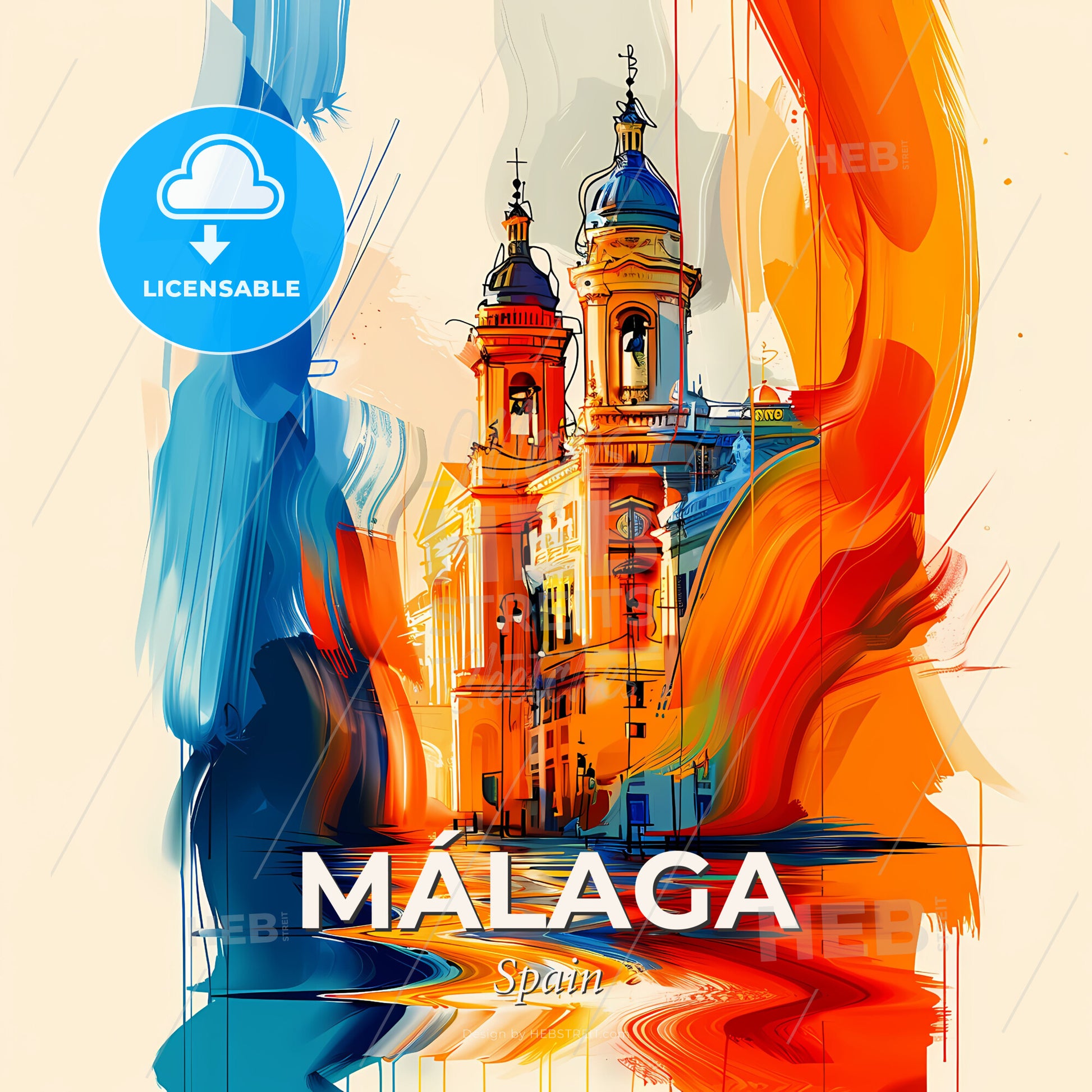 Vibrant Málaga, Spain - A Painting Of A Building With A Colorful Background - Square format print template