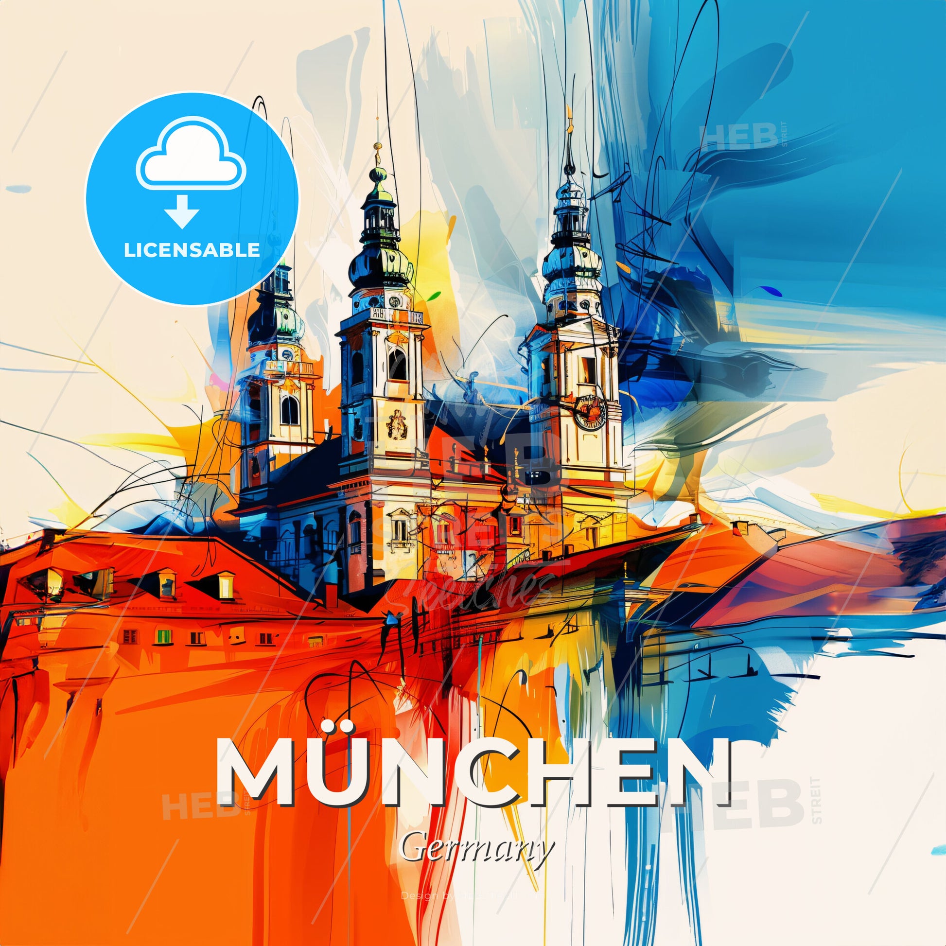 Vibrant München, Germany - A Painting Of A Building With Towers - Square format print template