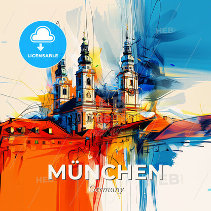 Vibrant München, Germany - A Painting Of A Building With Towers - Square format print template