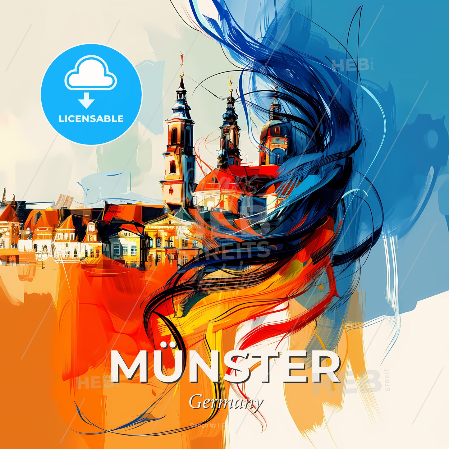 Vibrant Münster, Germany - A Painting Of A City With Buildings And A Blue And Orange Background - Square format print template