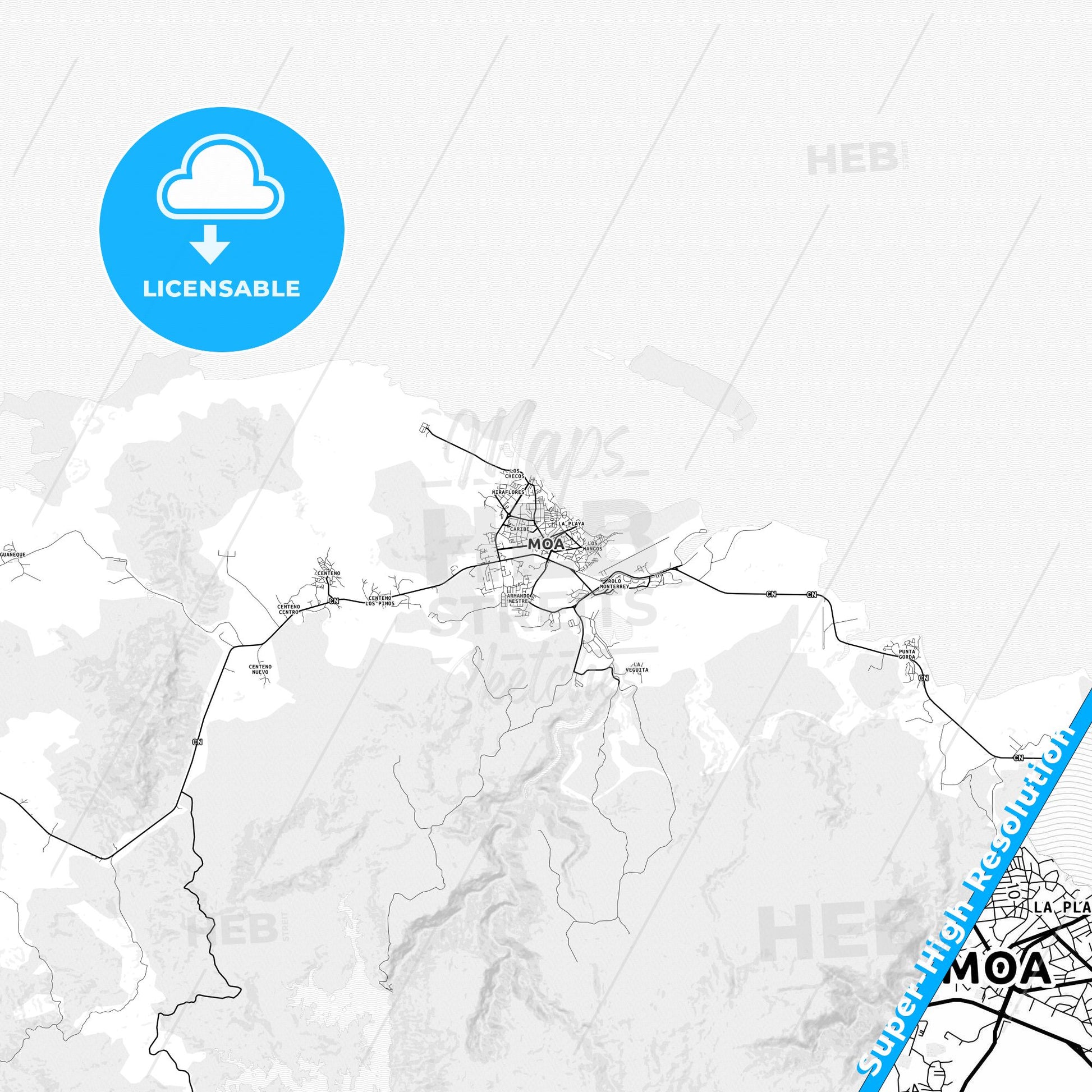 Moa, Cuba light map with streetnames, citynames and districts