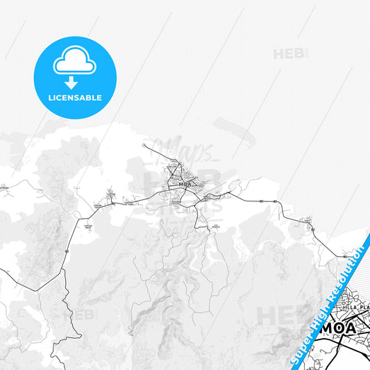 Moa, Cuba light map with streetnames, citynames and districts